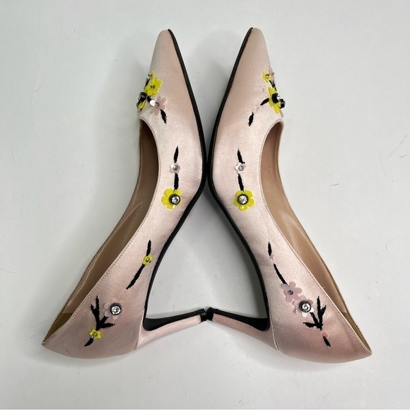 Giambattista Valli Blush Pink Luxury Satin Yellow Floral Embroidered Kitten Heel - Picture 10 of 14